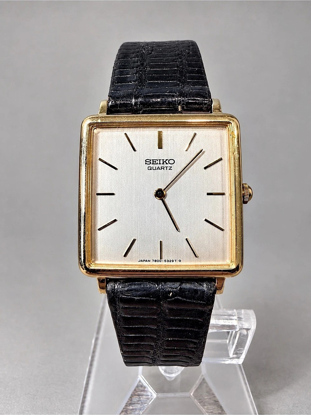 Vintage Seiko “Tank” Gold-Tone Watch Black Leather Strap
